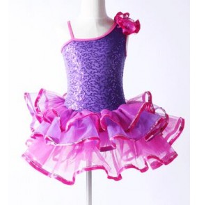 Violet purple hot pink fuchsia patchwork sequins one shoulder girls kids children leotard tutu ballet dance dresses outfits